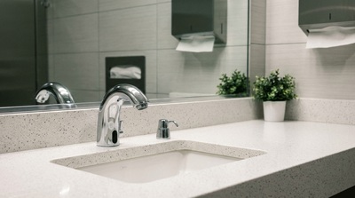 Sanitized and spotless commercial restroom sink.