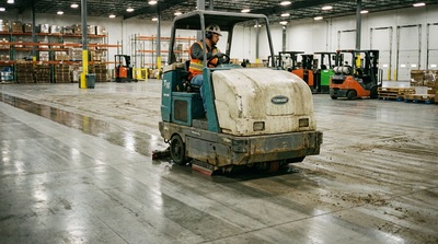Industrial floor scrubber cleaning a warehouse.