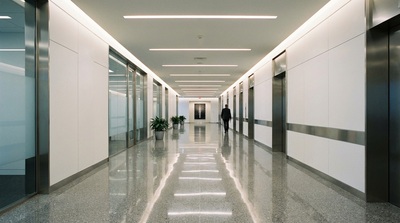 Immaculately polished corporate hallway floor.