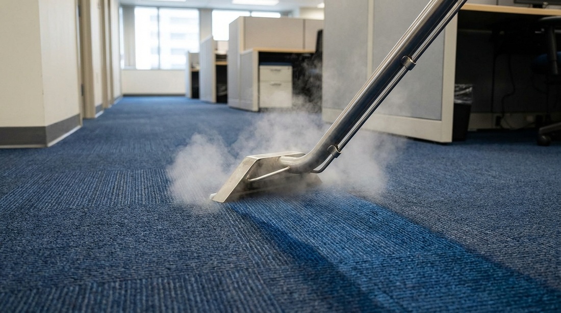 Hot water extraction cleaning of commercial office carpet.