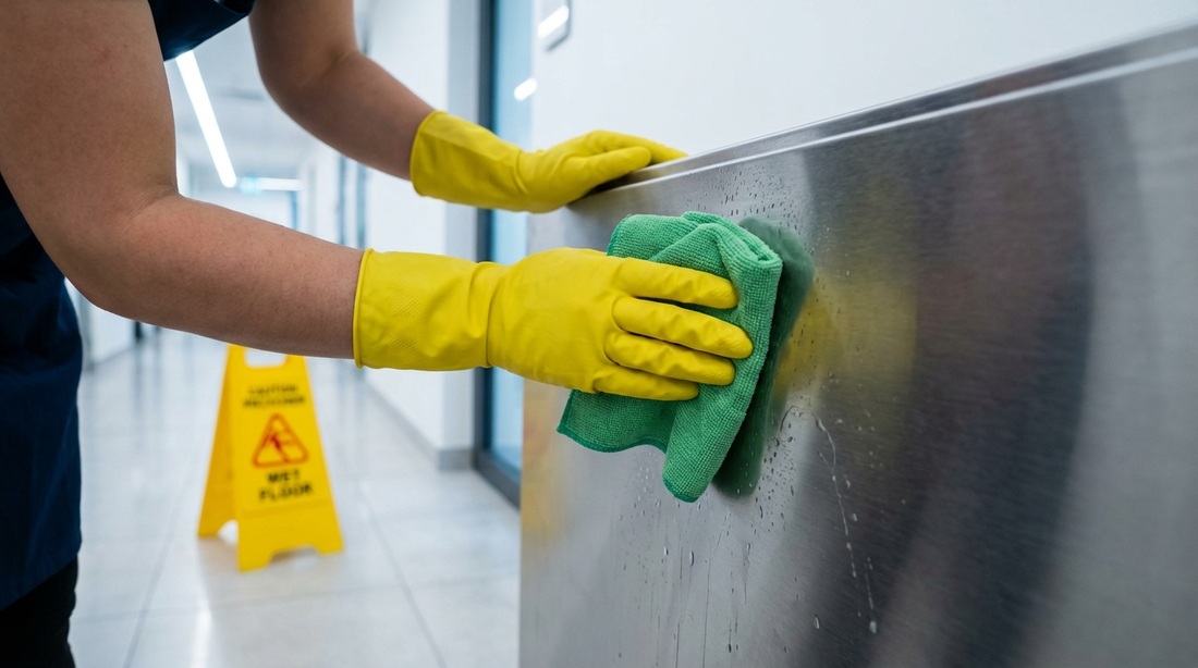Cleaner using safety gloves and microfiber cloth with caution sign in background.