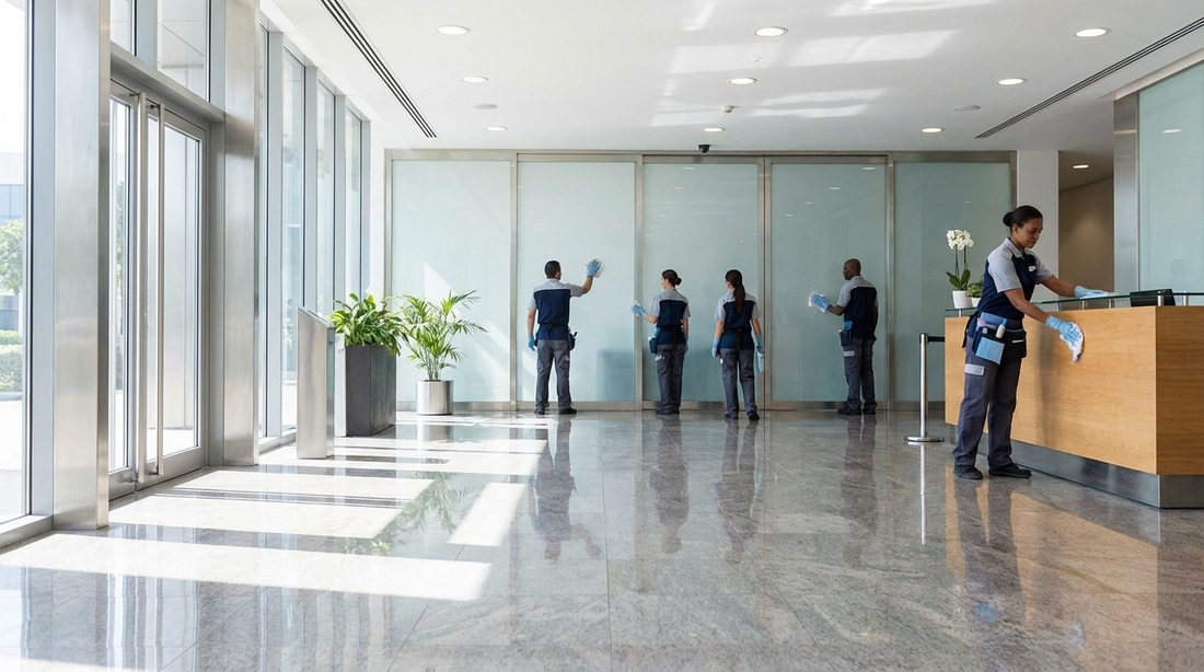 Professional cleaning team maintaining a modern office lobby.