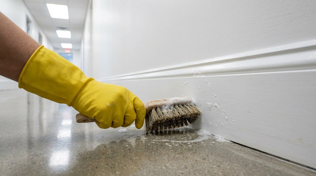 Detailed cleaning of office baseboards and hard-to-reach areas.
