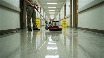 Commercial floor buffer polishing a vinyl hallway floor.