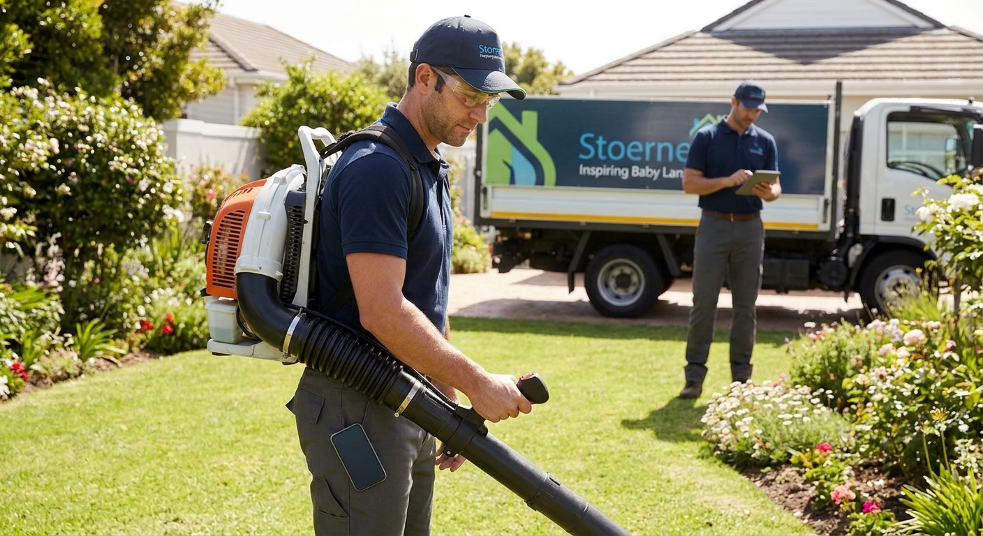 Two landscapers finishing a suburban yard beside their branded truck