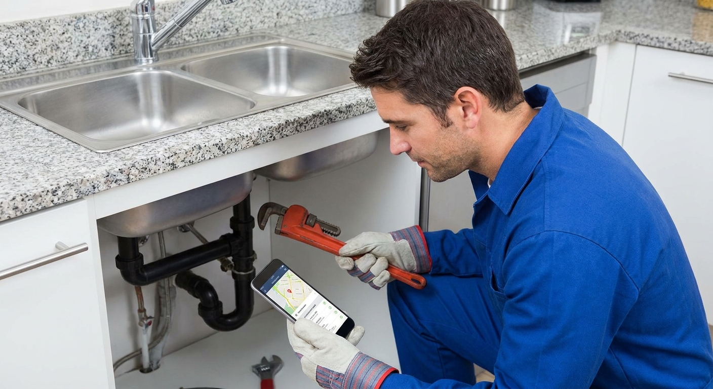 A plumber under a kitchen sink checking his next job on the PageSmack mobile app